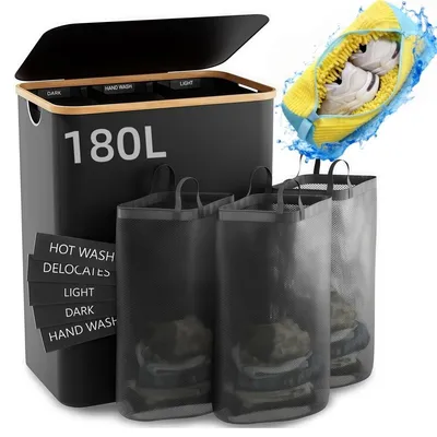 Image de Panier à linge avec 3 compartiments, d'une capacité de 180 litres, avec couvercle et sac amovible, idéal pour les chambres
