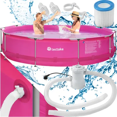 A collage of images showing a pink swimming pool with people in it, a water pump, and accessories.