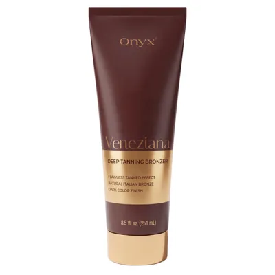 Onyx Veneziana bronzer do opalania 251 ml w brązowej tubce ze złotą nakrętką na białym tle.