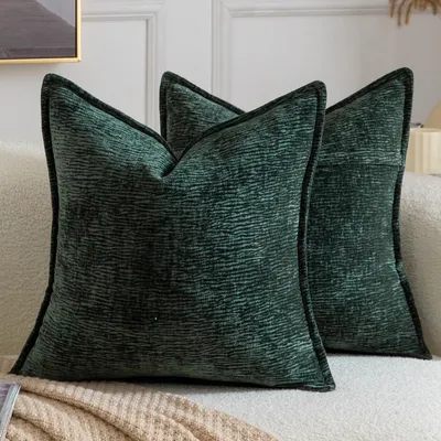 2 Chenille-Kissenbezüge, 60x60 cm, Dunkelgrün, einfarbig