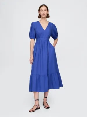 Produktbild von GAP Midikleid Dunkelblau XS V-Ausschnitt Ballonärmel Fit & Flare mit offenem Rücken