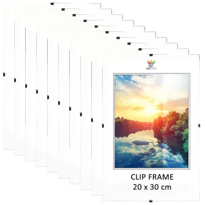 Produktbild von MG Design Cliprahmen Set 10 Stück 20x30 cm - rahmenlos mit Acrylglas & HDF-Rückwand, für Fotos/Poster/Puzzle, hoch/quer