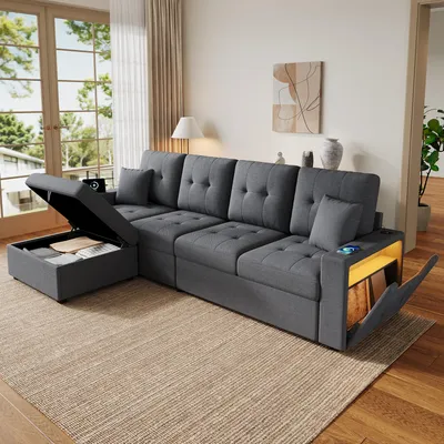 Produktbild von Merax L-förmiges Sofa 4-Sitzer mit Hocker und Stauraum, modulares Ecksofa mit LED, USB & Type-C, Leinen, Wohnzimmersofa Schlafzimmersofa, Grau