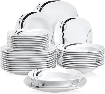 Image de Serviettes en porcelaine pour 12 personnes, avec assiettes à dessert, assiettes creuses et assiettes plates