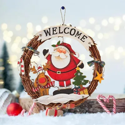 Image de Couronne de Noël, couronne de porte, Père Noël, 29 cm, pour décoration de porte d'entrée, de fenêtre ou de mur