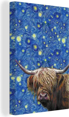 Produktbild von OneMillionCanvasses® - Leinwandbilder - 90x140 cm, Van Gogh - Schottisches Hochlandrind - Sternennacht, Wandbilder Wohnzimmer Hochland Rind - Tier Wanddekoration - Hochland Rind - Kuh - Gemälde auf - Wandschmucke - Schlafzimmer