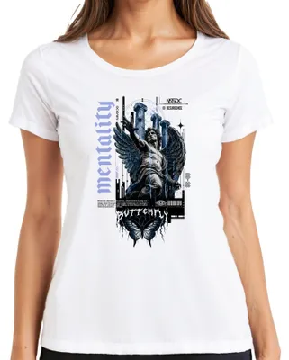 Imagen del producto de Camiseta para mujer, diseño "Mentality Butterfly Engel Statue Griechische Säulen Icarus Y2K", color blanco, talla M