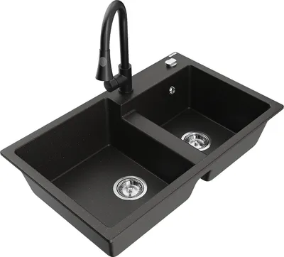 Produktbild von Mexen Tomas 2-Becken-Granitspüle mit Mischbatterie Elia, Schwarz/Gold metallisch - 6516-75-670101-70