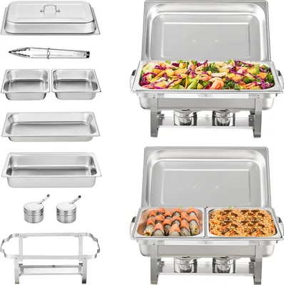 Produktbild von VEVOR 2 Stk. Chafing Dish Profi Set Wärmebehälter Edelstahl Buffet Set Rechteckig, 2 x 9 L /  4 x 3,5 L, 53 x 32,5 x 6,5 cm Jeder Behälter, für Buffets, Familienfeiern, Bankette, Hochzeiten usw.