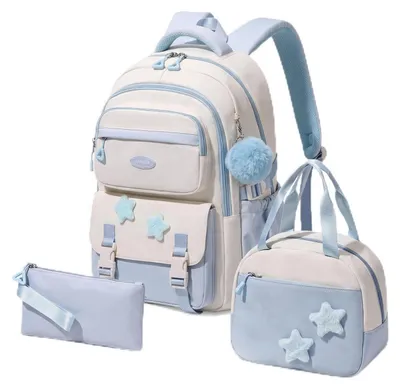 Image de Ensemble de cartable pour filles, comprenant une trousse et une boîte à lunch, couleur bleue