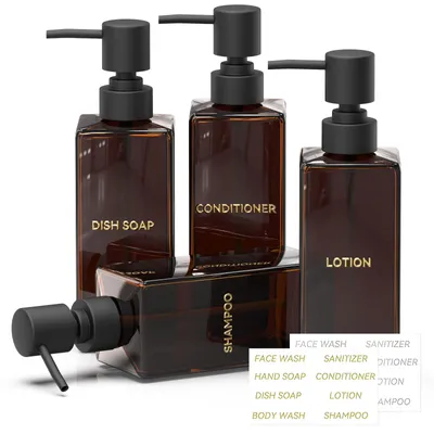 Produktbild von Set aus 4 braunen Seifenspendern, 350 ml Seifenspender aus Glas für Küche und Bad, moderne Spülmittelspender, nachfüllbare Shampooflaschen mit Kunststoffpumpe und wasserfesten Etiketten.