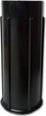 A black cylindrical product with vertical ribs on the outside, standing on a black base.