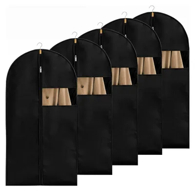 Produktbild von 5 Stück Kleidersäcke für Anzüge, 100 x 60 cm mit Reißverschluss, schwarze Kleiderhüllen mit transparentem Fenster, Schutzhüllen für Anzüge, Kleider, Mäntel, Hemden und Abendkleider