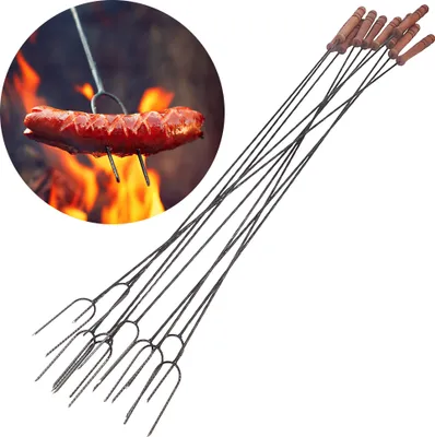 Produktbild von BAUSTER® Satz mit 10 Stück Lagerfeuerspieß, Grillspieße Lagerfeuer 100cm Stock Grill Grillgabel Metall Hochwertige mit Holzgriff mit zwei Zinken