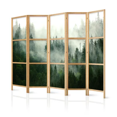Produktbild von Paravent 225x171 cm 5-teilig einseitig eleganter Sichtschutz Raumteiler Trennwand Raumtrenner Holz Design Motiv Deko Home Office Botanik Natur b-B-0333-bh-b