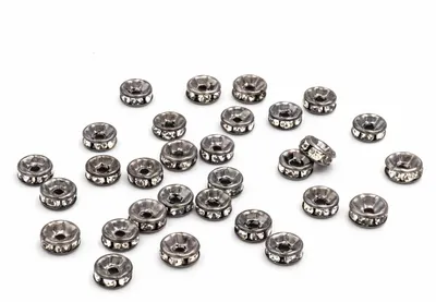Produktbild von Vintageparts Zwischenperlen Gunmetal Strass klar 6 mm rund für Armbänder, 30 Stück