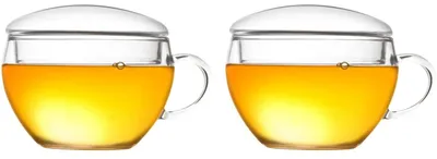 Produktbild von Creano 2er-Set Teeglas mit Deckel, praktisch für ErblühTeelini oder Teebeutel, Latte Macchiato, Kaffee | 200ml
