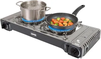 Obrázok produktu pre Dvojhorákový kempingový varič s grilovacou platňou, nerezová oceľ, 4,4 kW
