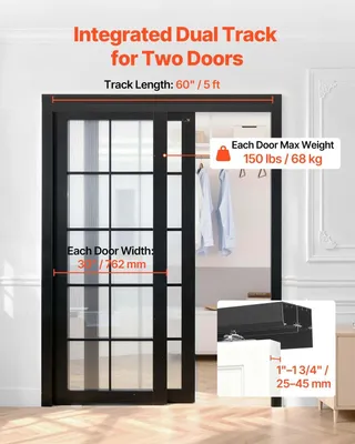 Produktbild von Bypass Sliding Door Hardware Kit, 1524 mm Aluminum Alloy Dual-Track Bypass Door Hardware, Smooth and Quiet Sliding, Easy to Install, for 25 to 45 mm Thickness 762 mm Width 2 Door System