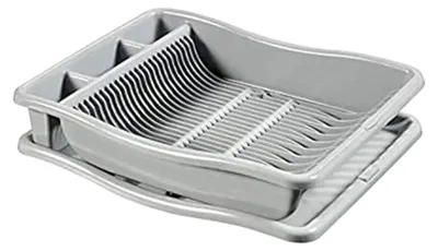 Produktbild von Geschirrabtropfgestell für 24 Teller mit Tablett – 48 x 10,5 x 38 cm – Grau