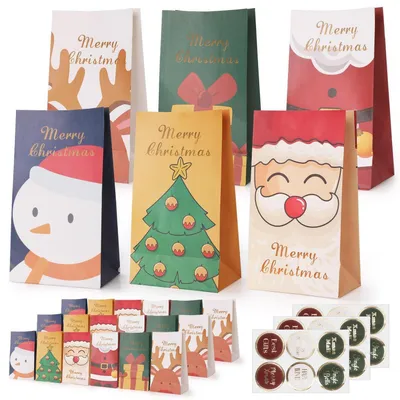 Produktbild von Geschenktaschen Weihnachten 18 Stück Kraftpapier 27x15x9.7cm mit 18 Aufklebern für Süßigkeiten und Plätzchen