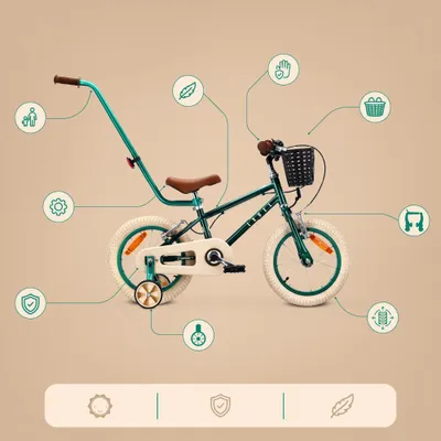 Image de Vélo enfant 14 pouces pour garçons de 3, 4 et 5 ans, 7,49 kg, barre de poussée, roues d'appui, panier, sonnette, freins V-brake, autocollants LOVEL, vert