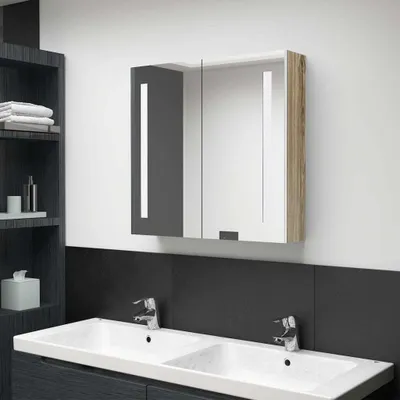 Productafbeelding van De Living Store LED-badkamerspiegelkast, wit met eikenlook, 62x14x60 cm