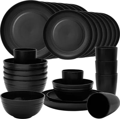 Produktbild von 24-teiliges Camping Geschirr Set für 6 Personen Schwarz - Leicht, langlebig & unzerbrechlich