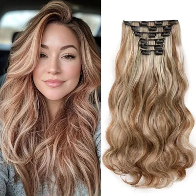 Immagine prodotto di Extension per capelli a clip, 48 cm, ondulati, 6 pezzi, biondo chiaro e castano chiaro