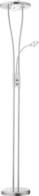 A silver floor lamp with two lights and a reading arm, shown against a white background.
