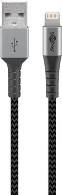 Obrázek produktu pro Textilní kabel Lightning na USB-A s kovovými konektory, extra robustní propojovací kabel pro Apple iPhone, iPad, iPod, AirPod, optimalizovaná ochrana proti zalomení