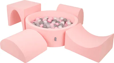 Produktbild von KiddyMoon spielplatz aus schaumstoff mit rund bällebad (300 bälle) ballgruben für babys spielbad hindernisläufen, hergestellt in der eu, pink:perle/grau/transparent/puderrosa