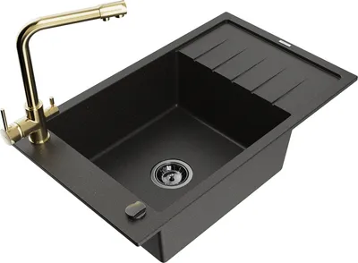 Produktbild von Mexen Elias 1 Becken-Granitspüle mit Abtropffläche und Mischbatterie Duero, Schwarz/Gold metallisch - 6511-75-671600-50-B
