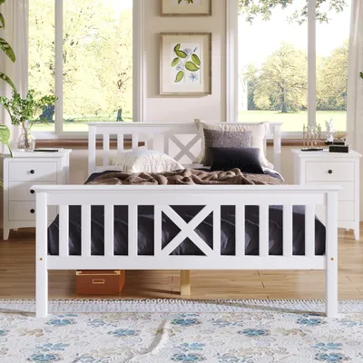 Produktbild von Holzbett Doppelbett aus Bettgestell mit Lattenrost Holzbett mit Kopfteil - 140 x 200 cm Massivholz Kinderbett Jugendbett Kiefer massiv Weiß