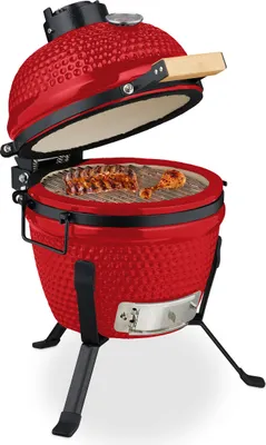 Produktbild von Relaxdays Kamado Grill, Ø 32 cm, Keramikgrill mit Thermometer bis 450°C, BBQ, Grillen, Kochen & Backen, Smoker, rot