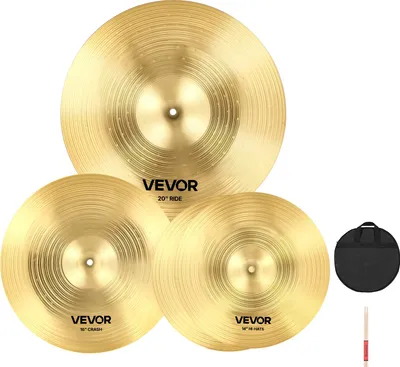 Immagine prodotto di VEVOR Set di piatti a 3 pezzi, piatti in lega, set di piatti per batteria con hi-hat da 355 mm, crash da 400 mm, piatto ride da 505 mm, bacchette e borsa per piatti, set di piatti per batteristi