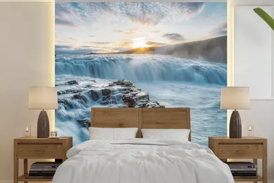 Produktbild von MuchoWow® Fototapete für Wohnzimmer oder Schlafzimmer Wandtapete Vinyl Motivtapete Wasserfall - Wasser - Steine - Sonne - Natur - 280x280 cm - Hintergrundbild