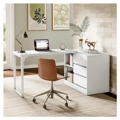 Produktbild von L-förmiger Computertisch mit Schubladen und Regalen, wendbarer weißer Eckschreibtisch mit Stauraum, moderner Arbeitstisch für Homeoffice und Schlafzimmer