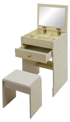 Produktbild von Schminktisch mit Hocker, Eckschminktisch mit Klappspiegel, Schubladen, Kommode für Schlafzimmer und Wohnung