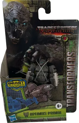 A toy action figure of Optimus Primal from Transformers: Rise of the Beasts, displayed in its original packaging.