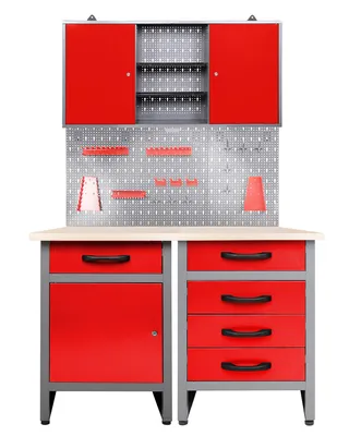 Produktbild von Ondis24 Metall Werkstatt Set 120 cm "Entdecker" rot 2x Werkbank + Schrank Arbeitshöhe 85 cm abschließbar höhenverstellbare Füße Arbeitsplatte Holz Werkstatteinrichtung Packtisch Werktisch Werkstatttisch Montagewerkbank Hängeschrank Werkzeugschrank Werkstattschrank Werkzeugwand Werkstattwand Werkzeughalter Lochblech Lochwand