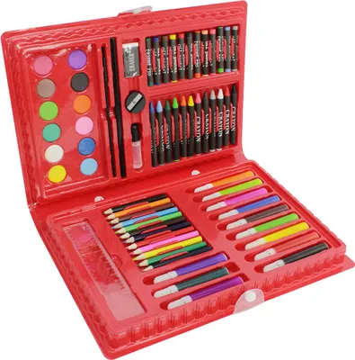 Produktbild von com-four® Malset 68-teilig in praktischer Tragebox, ideal für Schule und Kindergarten - Buntstifte, Wachsmalstifte, Kreidestifte, Wasserfarben, Ölpastellkreide
