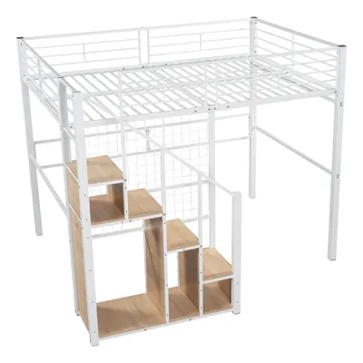 Produktbild von Hochbett mit Lattenrost, Rausfallschutz, Treppe, Regal und Kleiderschrank, 140x200 cm, Metallbett, Jugendbett