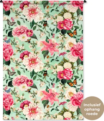 Produktbild von MuchoWow® Wandteppich Wandbehang Blumen - Rosa - Schmetterling 120x180 cm Tapisserie Dekoration Wandtuch - Schlafzimmer - Dekorationen für das Haus