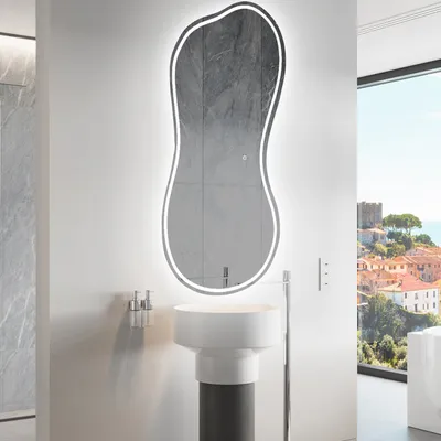 Produktbild von Unregelmäßiger asymmetrischer Spiegel mit LED Beleuchtung 54 x 104 cm - mit LED Beleuchtung - LED Farbe Kaltweiß 7000K - Individuell Nach Maß - Beleuchtet Wandspiegel Lichtspiegel Badezimmerspiegel - Sensor Schalter - KLS223