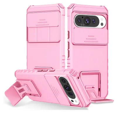 Immagine prodotto di Custodia per Google Pixel 9 / Pixel 9 Pro a doppio strato robusta, protezione militare con kickstand e protezione fotocamera scorrevole Rosa