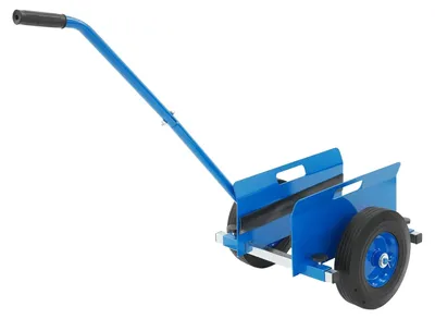 Zdjęcie produktu dla Wózek do transportu płyt gipsowo-kartonowych – nośność 450 kg – regulowana szerokość 0–23 cm – opony pełne, średnica 25,4 cm – kolor niebieski