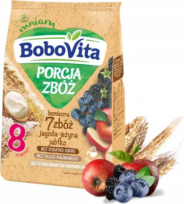 Zdjęcie produktu dla BoboVita Porcja Zbóż Kaszka bezmleczna 7 zbóż jagoda-jeżyna jabłko po 8 miesiącu 170 g