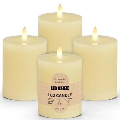 Image de Lot de 4 bougies LED en cire, flamme vacillante, Ø 7x9 cm, blanc crème