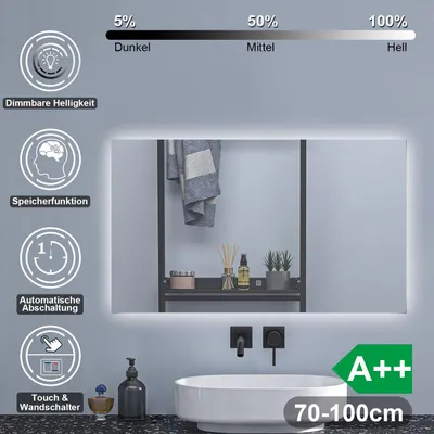 Produktbild von LED Badspiegel 100×60cm Kaltweiß dimmbar Memory eine Stunde automatische Abschaltung Touch Wandschalter Badezimmerspiegel